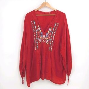 Gorgeous Red Johnny Was Embroidered Long Sleeve Blouse